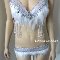 White Diamond Native Fringe Feather Bra Cosplay Dance Costume Rave Bra Halloween Burlesque Show Girl - Thumbnail 1