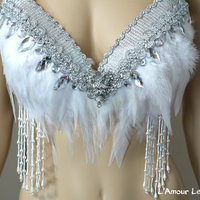 White Diamond Native Fringe Feather Bra Cosplay Dance Costume Rave Bra Halloween Burlesque Show Girl - Thumbnail 5