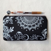 Hand Painted Henna bag Mandala bag Pattern Zipper Pouch Coin Purse Cotton Cosmetic Bag Silver Black Pencil Case Phone Wallet Hand Drawn Art