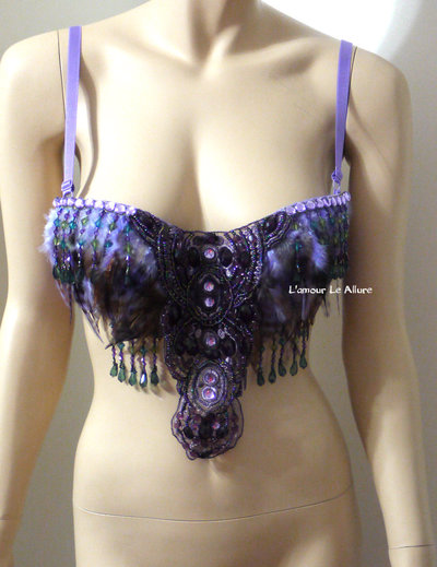 Lavender Native Fringe Feather Cosplay Dance Rave Bra Halloween
