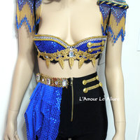 Blue and Gold Ring Leader Bra Cosplay Dance Costume Rave Bra Rave Wear Halloween Burlesque Show Girl - Thumbnail 2