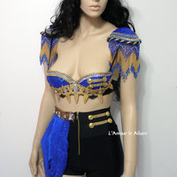 Blue and Gold Ring Leader Bra Cosplay Dance Costume Rave Bra Rave Wear Halloween Burlesque Show Girl - Thumbnail 1