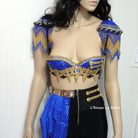 Blue and Gold Ring Leader Bra Cosplay Dance Costume Rave Bra Rave Wear Halloween Burlesque Show Girl - Thumbnail 3