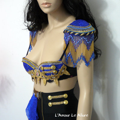 Blue and gold ring leader bra cosplay dance costume rave bra rave wear halloween burlesque show girl