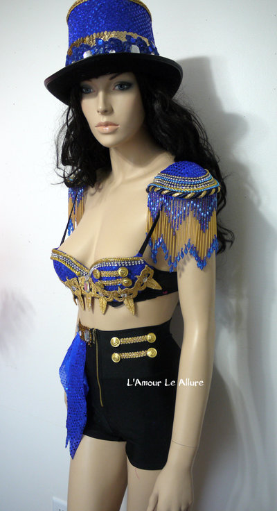 Blue and Gold Ring Leader Bra Cosplay Dance Costume Rave Bra Rave Wear Halloween Burlesque Show Girl