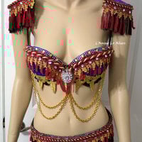 Red and Gold Ring Leader Bra Cosplay Dance Costume Rave Bra Rave Wear Halloween Burlesque Show Girl - Thumbnail 1