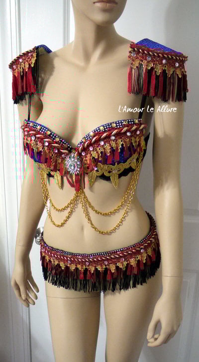 Red and Gold Ring Leader Bra Cosplay Dance Costume Rave Bra Rave Wear Halloween Burlesque Show Girl