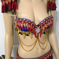 Red and Gold Ring Leader Bra Cosplay Dance Costume Rave Bra Rave Wear Halloween Burlesque Show Girl - Thumbnail 4