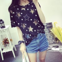 Harajuku hollow five-pointed star satellite network yarn stitching loose short-sleeved T-shirt - Thumbnail 3