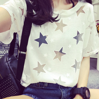 Harajuku hollow five-pointed star satellite network yarn stitching loose short-sleeved T-shirt - Thumbnail 4