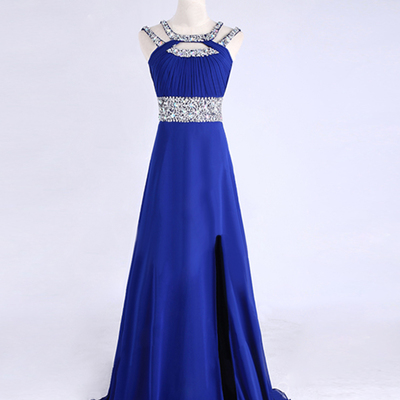 Royal blue prom dresses,royal blue a-line scoop chiffon long with rhinestone prom dresses evening dresses 1463