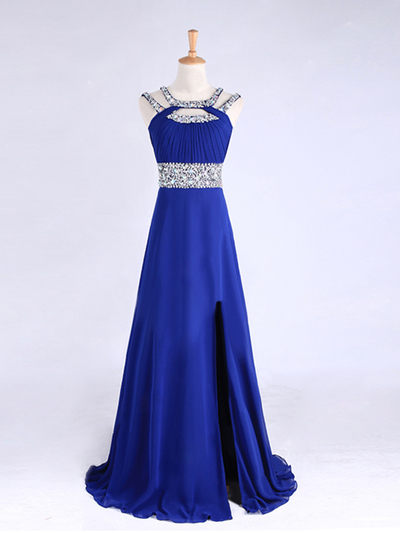 royal blue prom dresses,Royal Blue A-line Scoop Chiffon Long With Rhinestone Prom Dresses Evening Dresses 1463