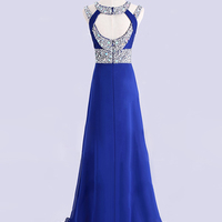 royal blue prom dresses,Royal Blue A-line Scoop Chiffon Long With Rhinestone Prom Dresses Evening Dresses 1463 - Thumbnail 1