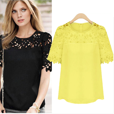White/yellow/black elegant hollow short t-shirt sp165608