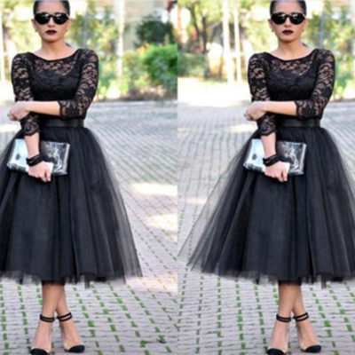 Short prom dress, lace prom dress, black prom dress, long sleeves prom dress, party dress for girls, e401 - Thumbnail 4