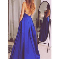 Backless A-Line Criss-Cross Straps Draped blue Prom Dress,Evening Dress - Thumbnail 1
