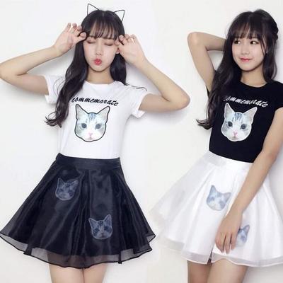 Cute cat embroidery t-shirt + organza skirt set