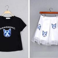 Cute Cat Embroidery T-shirt + Organza Skirt Set - Thumbnail 4