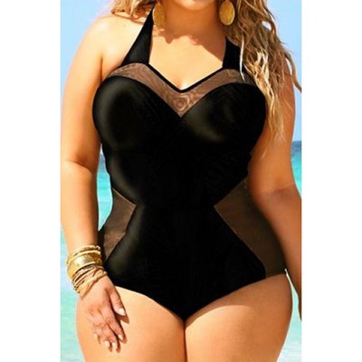Stylish Halter Spliced Plus Size One-Piece Swimsuit For Women