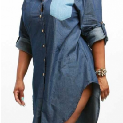 Turn down collar denim shirt dress