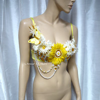 Yellow and White Daisy Flower Fairy Bra Cosplay Dance Rave Bra Halloween Burlesque Show Girl - Thumbnail 2