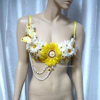 Yellow and White Daisy Flower Fairy Bra Cosplay Dance Rave Bra Halloween Burlesque Show Girl - Thumbnail 3
