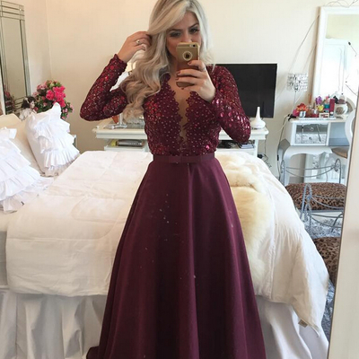 Purple prom dress evening party dress with long sleeves pst0629