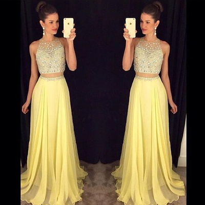 Two pieces yellow prom dress evening party dress pst0632