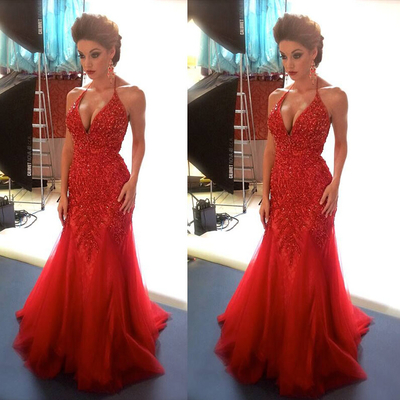 Red prom evening dress with halter neckline pst0635