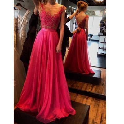 Floor length lace bodeice chiffon prom gowns v back pst0053