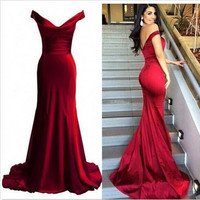 V Back Satin Mermaid Ruby burrundy Evening dress,long prom dresses - Thumbnail 4