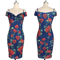 Off Shoulder Blue Floral Dress - Thumbnail 1