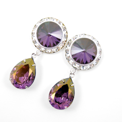 5/8 9/16 1/2 1 pair lilac shadow silver dangle hanging ear plugs gauges tunnels or studs made with swarovski elements