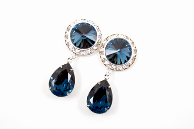 5/8 9/16 1/2 1 PAIR Montana Blue Silver Dangle Hanging Ear Plugs Gauges Tunnels or Studs Made With SWAROVSKI Elements