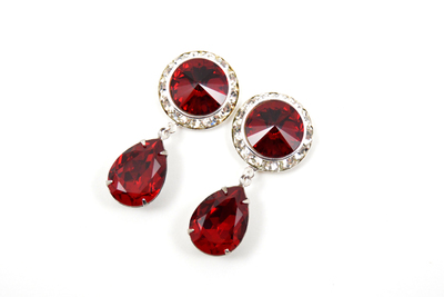5/8 9/16 1/2 1 PAIR Siam Ruby Red Silver Dangle Hanging Ear Plugs Gauges Tunnels or Studs Made With SWAROVSKI Elements