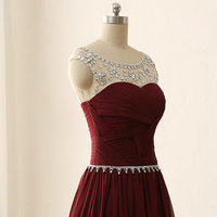 Burgundy Cap Sleeve Crystal Beaded Long Chiffon V Back Crystal Waist Prom Dress - Thumbnail 1