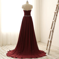 Burgundy Cap Sleeve Crystal Beaded Long Chiffon V Back Crystal Waist Prom Dress - Thumbnail 2