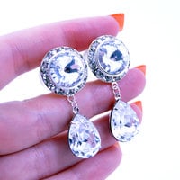 5/8 9/16 1/2 1 PAIR Clear Crystal Silver Dangle Hanging Ear Plugs Gauges Tunnels or Studs Made With SWAROVSKI Elements - Thumbnail 2