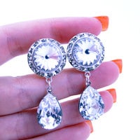 5/8 9/16 1/2 1 PAIR Clear Crystal Silver Dangle Hanging Ear Plugs Gauges Tunnels or Studs Made With SWAROVSKI Elements - Thumbnail 3