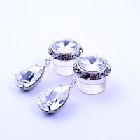 5/8 9/16 1/2 1 PAIR Clear Crystal Silver Dangle Hanging Ear Plugs Gauges Tunnels or Studs Made With SWAROVSKI Elements - Thumbnail 1