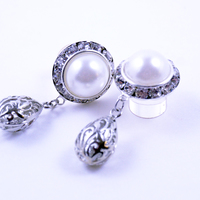 5/8 9/16 1/2 1 PAIR White Pearl Silver Dangle Plugs Gauges Tunnels or Studs Silver Filigree Drop Clear - Thumbnail 2