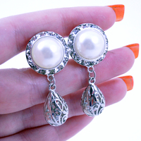 5/8 9/16 1/2 1 PAIR White Pearl Silver Dangle Plugs Gauges Tunnels or Studs Silver Filigree Drop Clear - Thumbnail 4