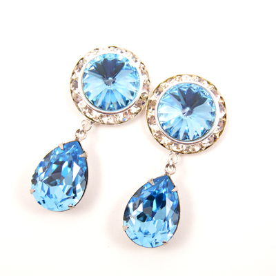 5/8 9/16 1/2 1 pair aquamarine silver dangle hanging ear plugs gauges tunnels or studs made with swarovski elements