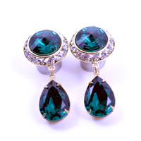 5/8 9/16 1/2 Emerald Green and Gold Dangle Hanging Ear Plugs Gauges Tunnels or Studs Made With SWAROVSKI Elements Wedding Bridal - Thumbnail 1