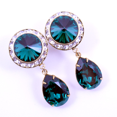 5/8 9/16 1/2 emerald green and gold dangle hanging ear plugs gauges tunnels or studs made with swarovski elements wedding bridal