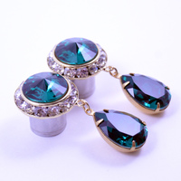 5/8 9/16 1/2 Emerald Green and Gold Dangle Hanging Ear Plugs Gauges Tunnels or Studs Made With SWAROVSKI Elements Wedding Bridal - Thumbnail 2