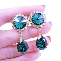 5/8 9/16 1/2 Emerald Green and Gold Dangle Hanging Ear Plugs Gauges Tunnels or Studs Made With SWAROVSKI Elements Wedding Bridal - Thumbnail 3