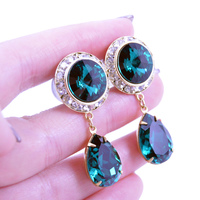 5/8 9/16 1/2 Emerald Green and Gold Dangle Hanging Ear Plugs Gauges Tunnels or Studs Made With SWAROVSKI Elements Wedding Bridal - Thumbnail 4