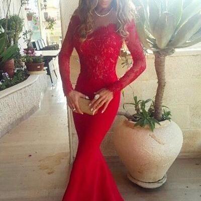 Lace off the shoulder evening gown with long sleeves mermaid  red prom dress for teens