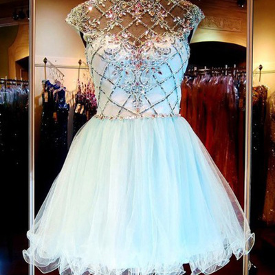 Classy prom dresses,light sky blue a-line high neck short sleeve short/mini tulle homecoming dresses short prom dresses 1147